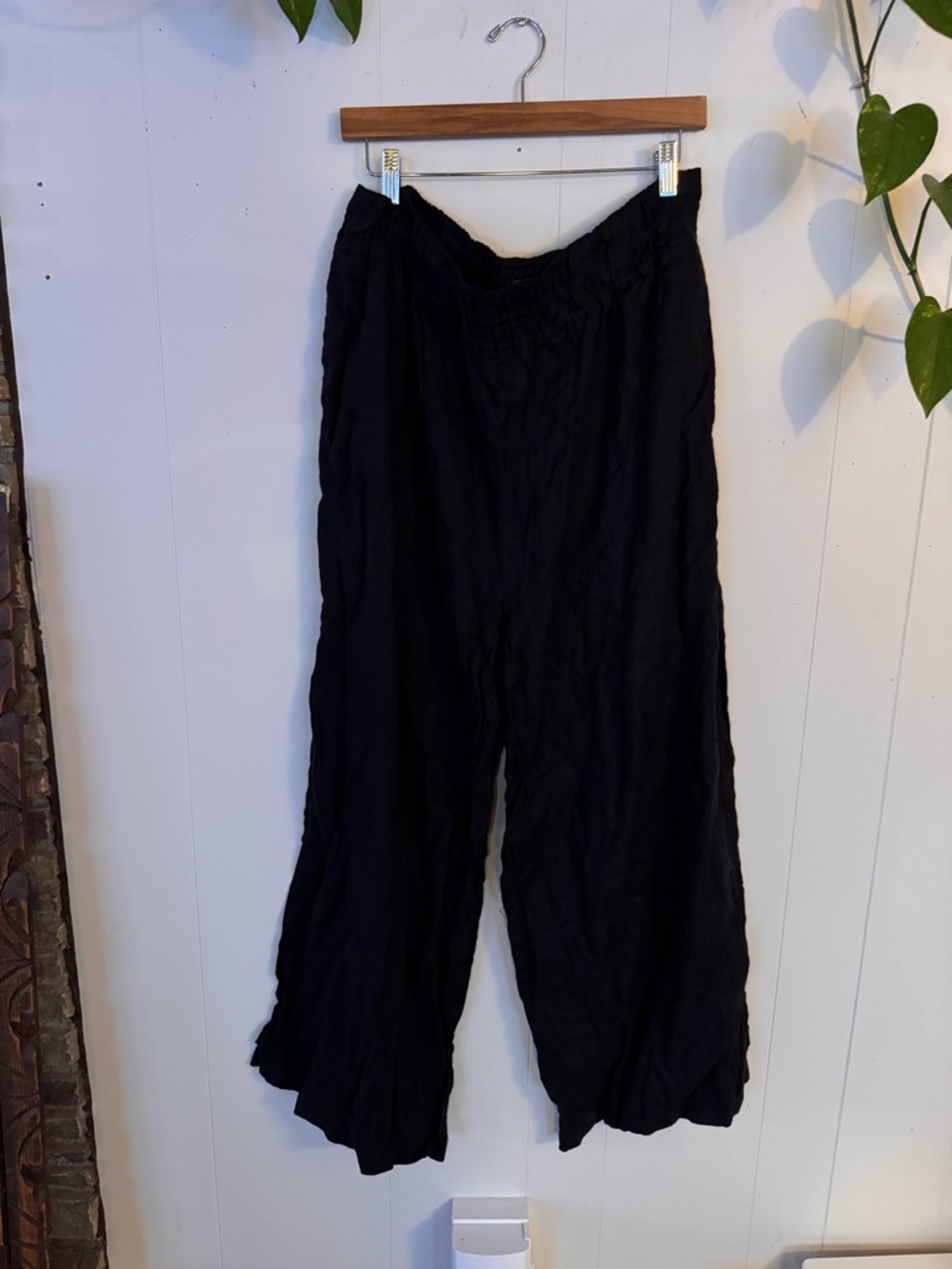 Anthropologie Black Wide-Leg Elastic Waist Pants 100% linen - Picture 6 of 7